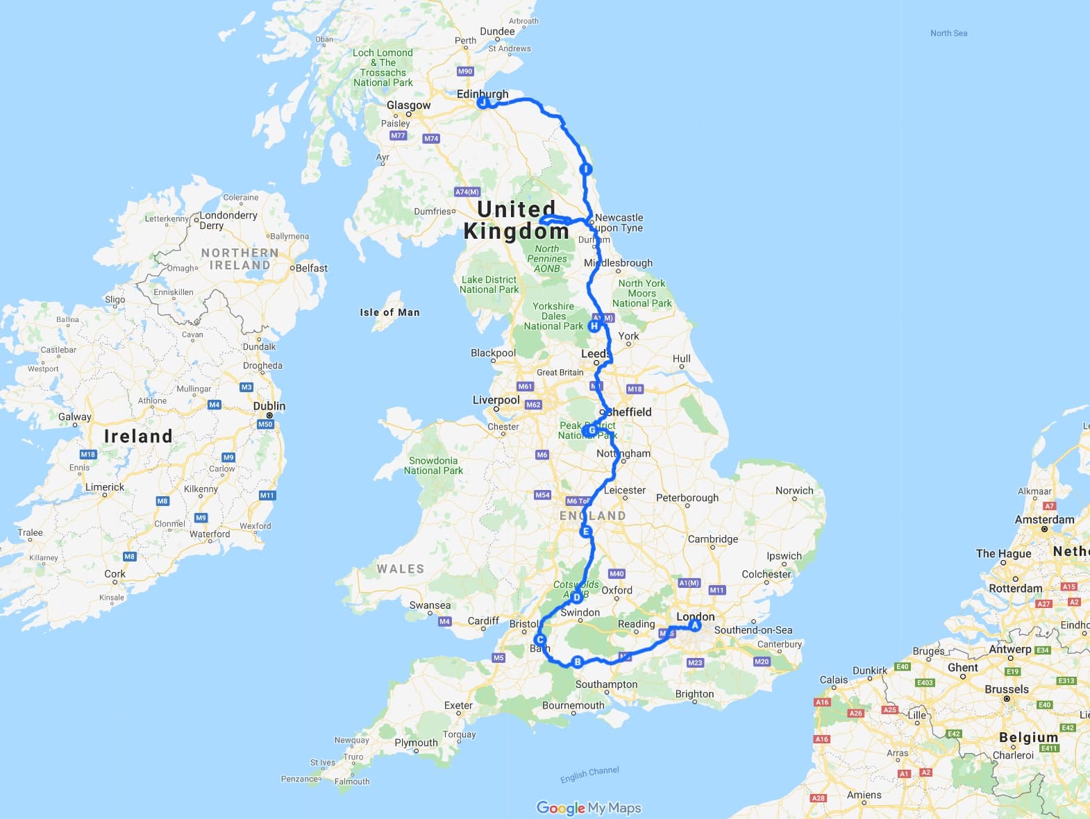 1 week UK itinerary road trip map